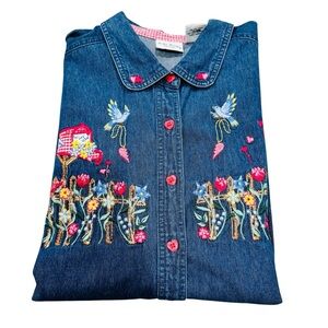Bobbie Brooks Vintage Floral Heart Valentines Day Denim Y2K Short Sleeve Top
